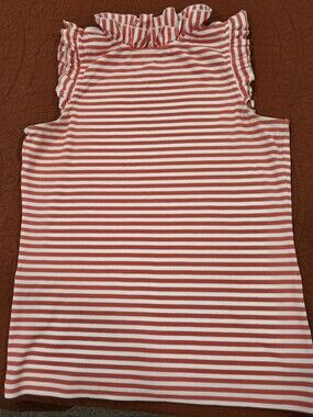 Women’s Coral and White Stripe Ruffle Mock Neck Tank Top